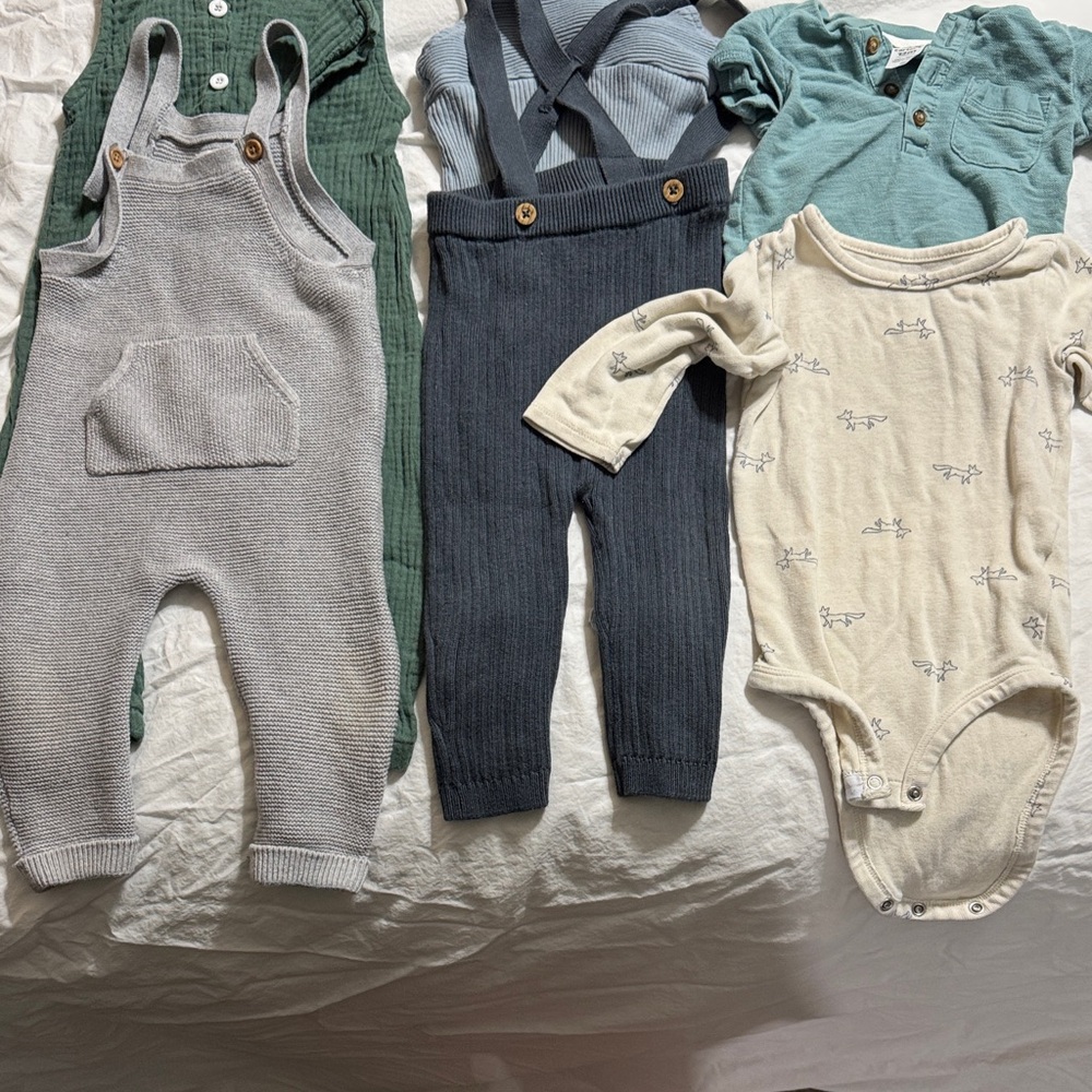 Bundle of 12 month overalls, bodysuit, and tshirt . Carters and boutique.